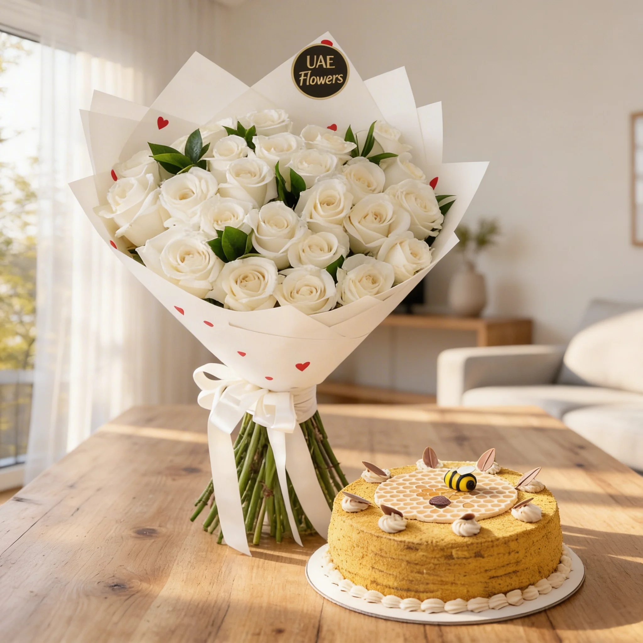 Bouquet of 20 white roses and 1 kg Honey Cake.