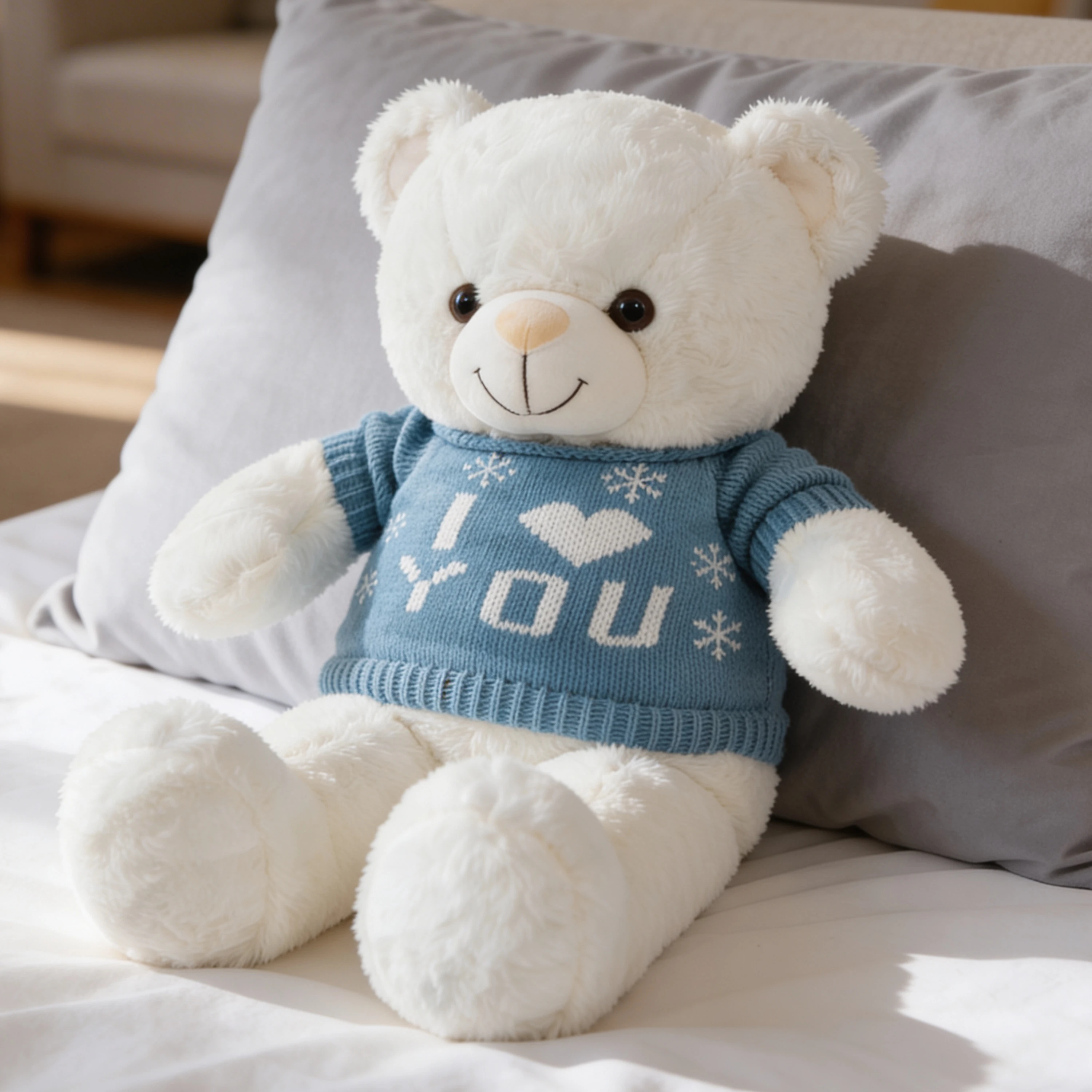 White teddy bear wearing an “I Love You” T-shirt, a soft plush romantic gift ideal for anniversaries and special occasions.