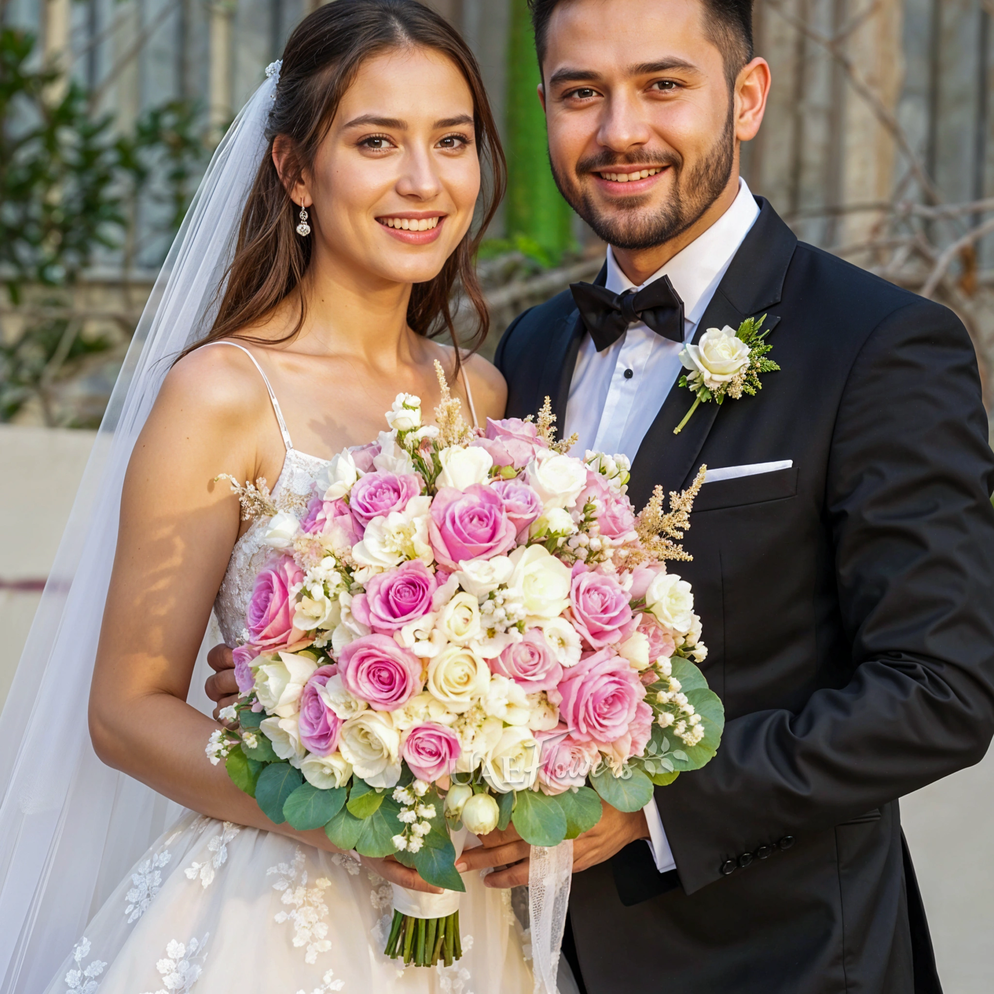 Bridal hand-tied bouquet of pink and white roses, white lisianthus and astible fillers with greens.