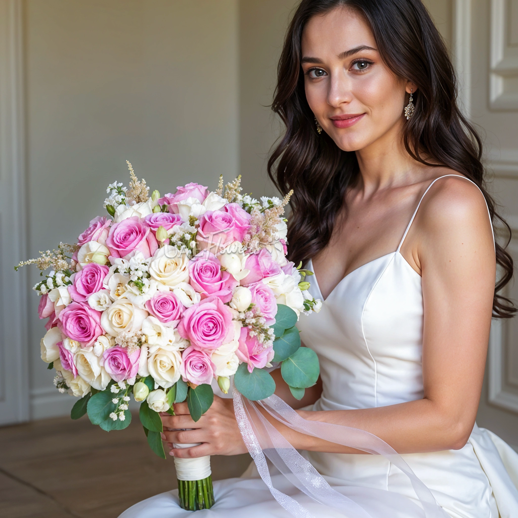 Bridal hand-tied bouquet of pink and white roses, white lisianthus and astible fillers with greens.