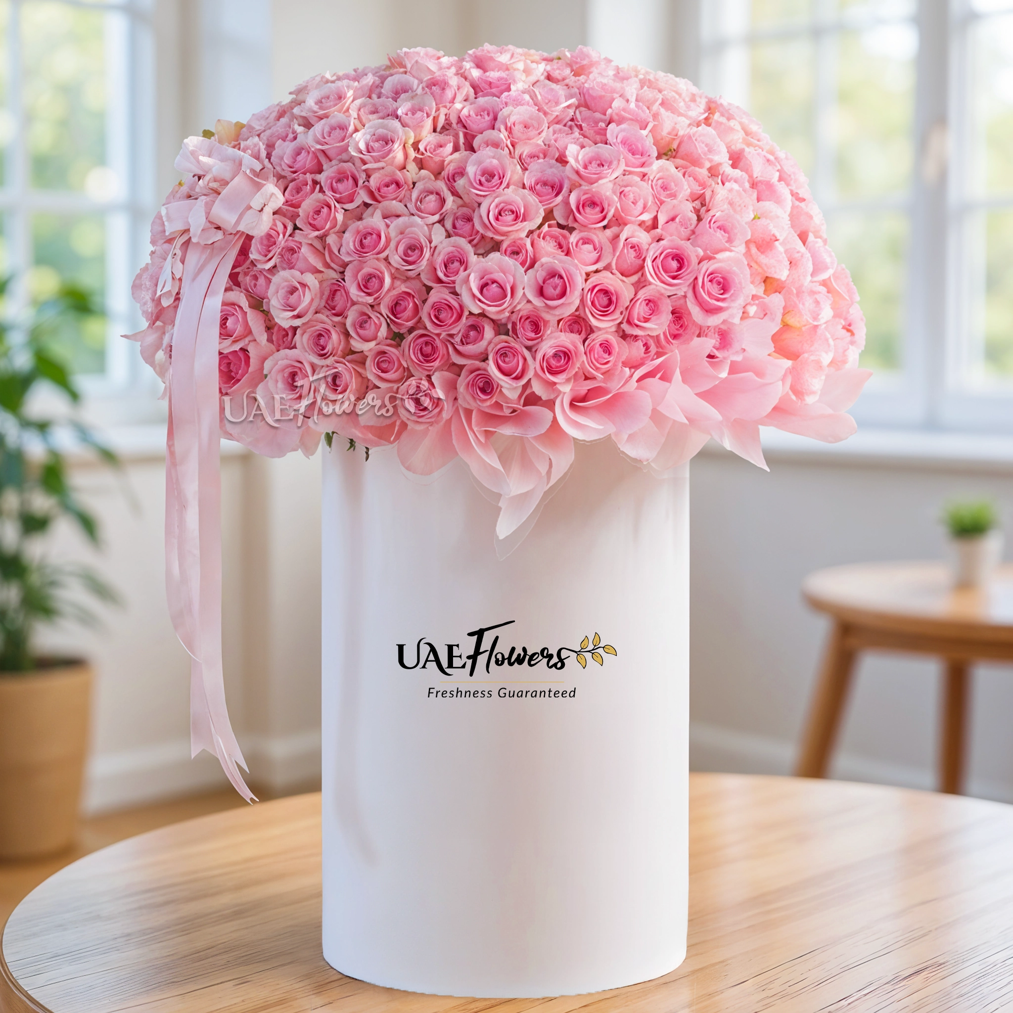 Full round arrangement of 300 pink roses in a tall round box.