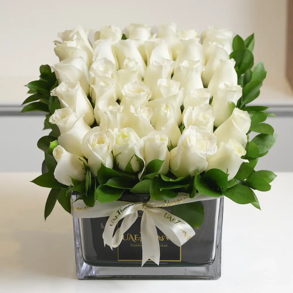 Square glass vase with 36 white roses and green fillers, elegantly arranged.
