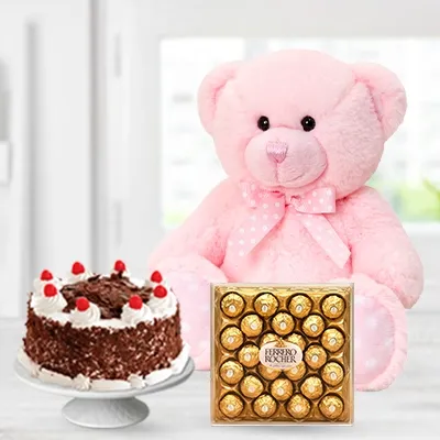 12-inch pink teddy with a 1 Kg Black Forest cake and 24 Pcs Ferrero Rocher