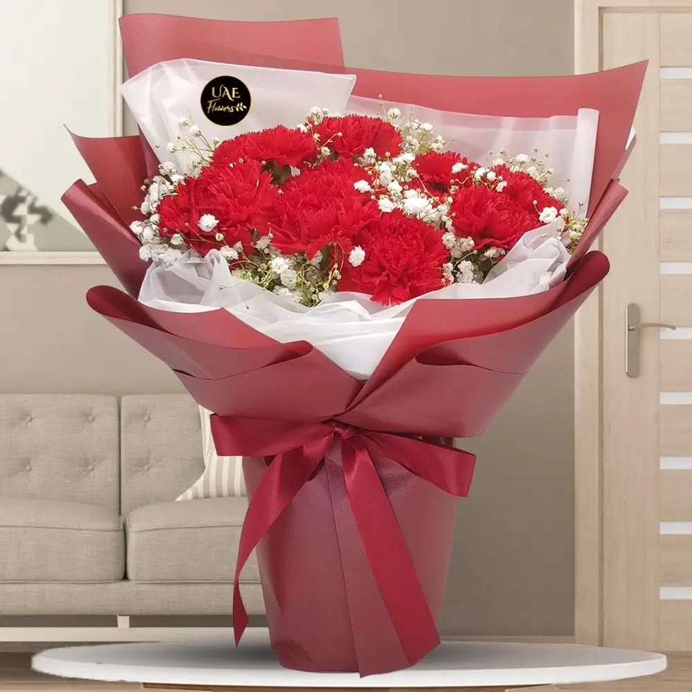 A bouquet of 10 red carnations with fillers in red and white paper tied with red ribbon