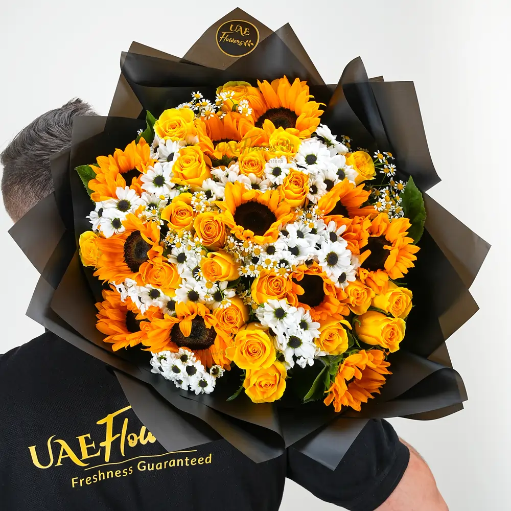 bouquet of 10 sunflowers, 20 yellow roses, and white chrysanthemums