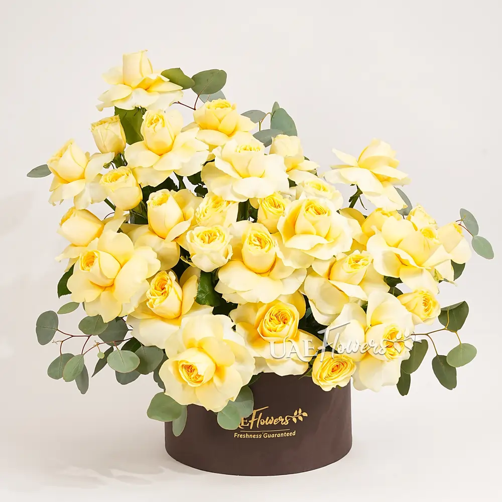 40 peach roses with green fillers in a white round box