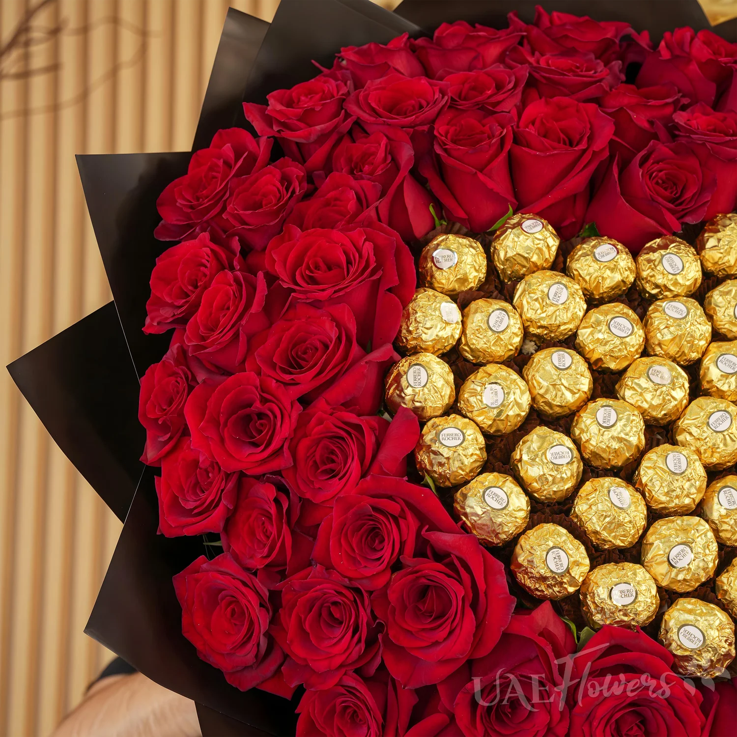 bouquet of 50 red roses with 32 Ferrero Rocher chocolates