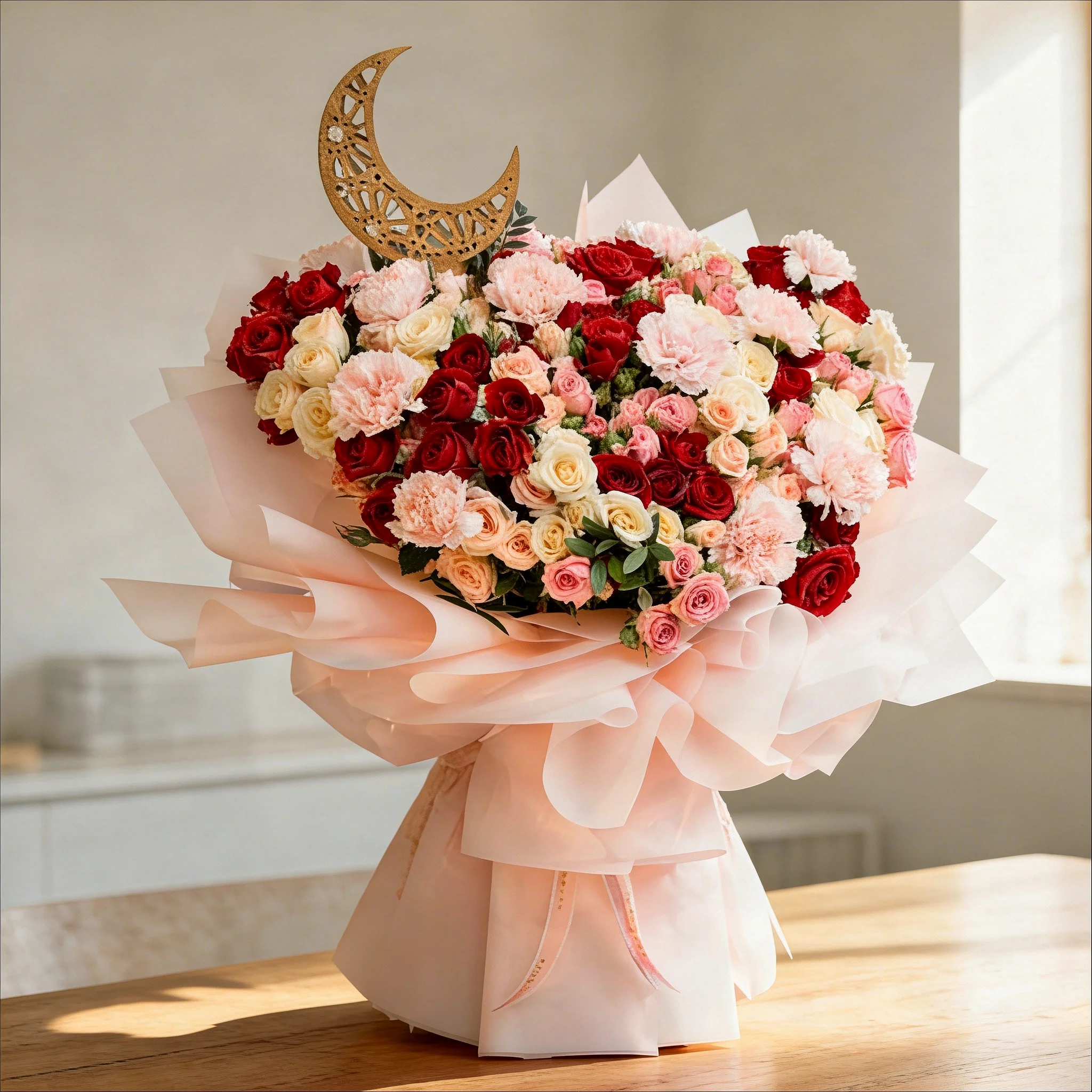 Moonlit Ramadan Roses with Gold Crescent Moon and Beige Fabric