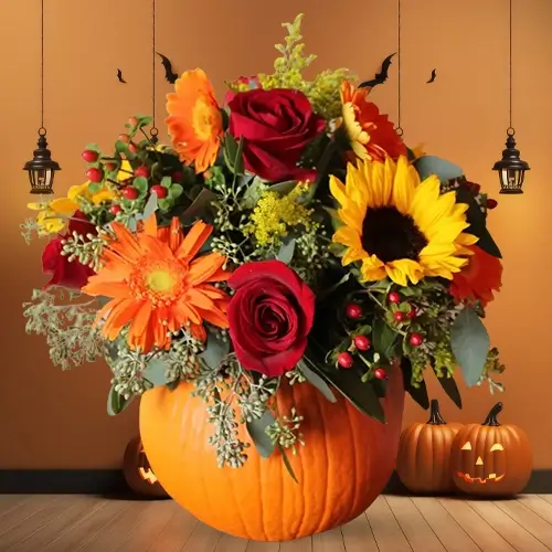 6 red roses, 6 orange gerberas, & 3 sunflowers in a plastic pumpkin for Halloween!