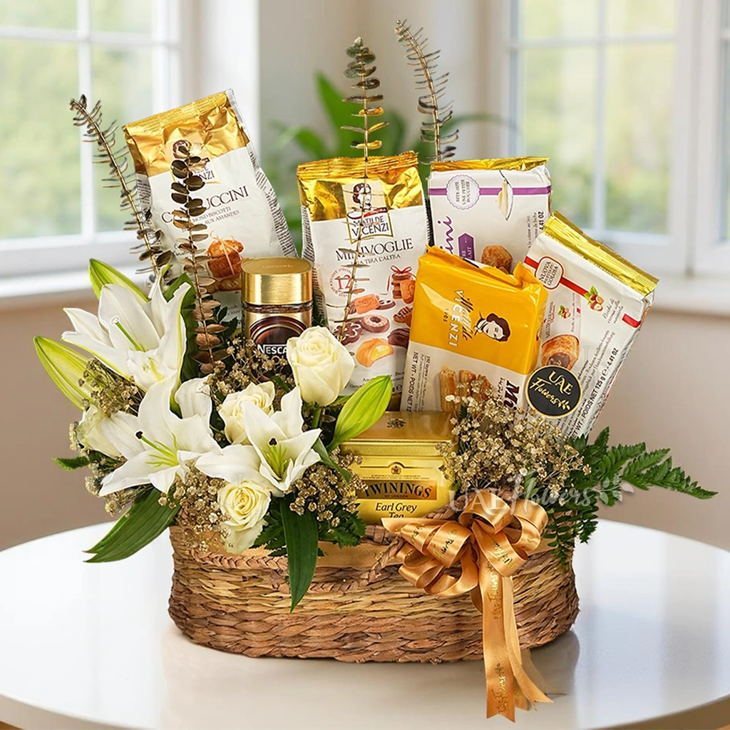 White Lilies and Roses Gourmet Gift with Tea Coffee