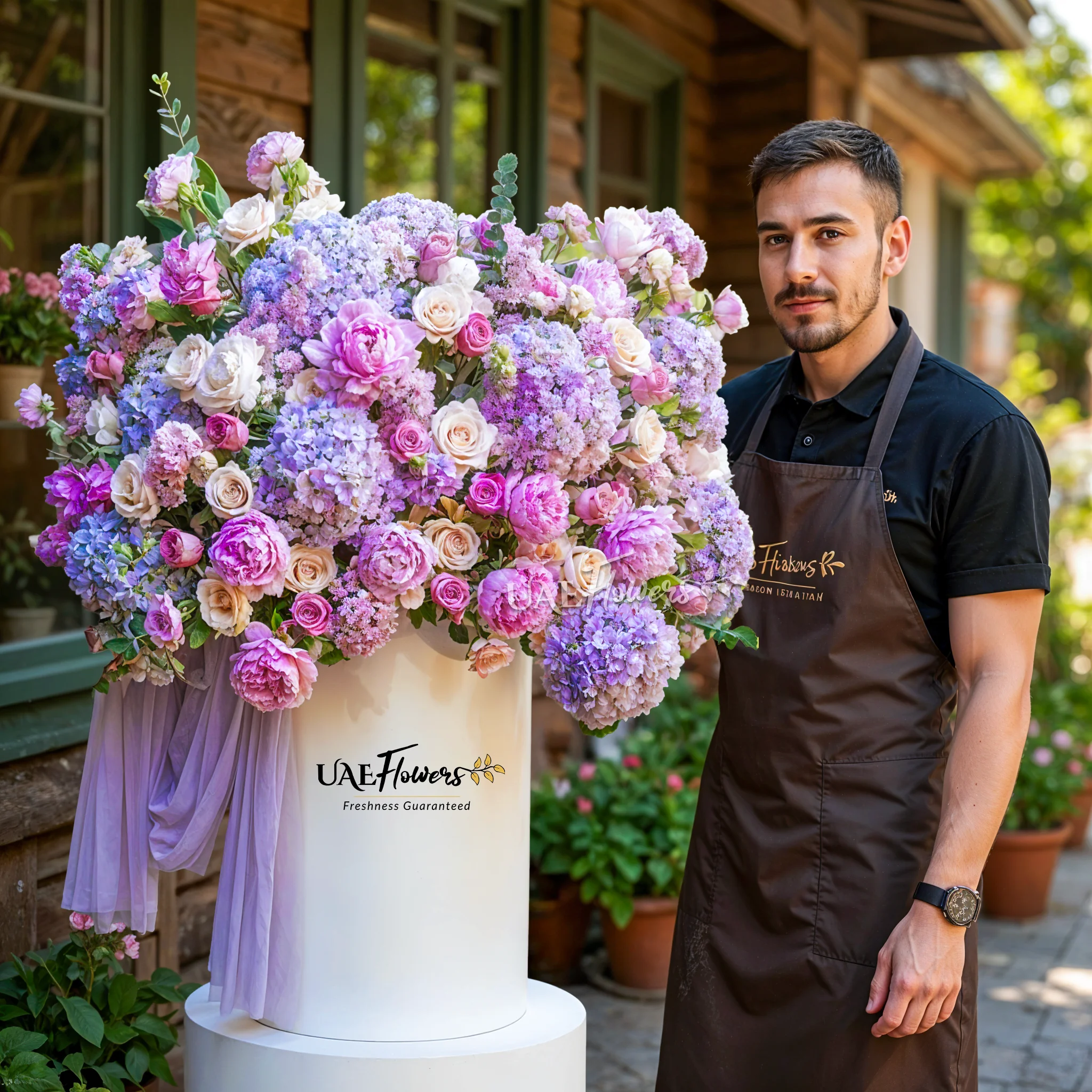 An arrangement of blue hydrangeas, pink peonies, purple roses, purple lisianthus, peach roses and purple chrysanthemums with green fillers and blue net in a tall round box.