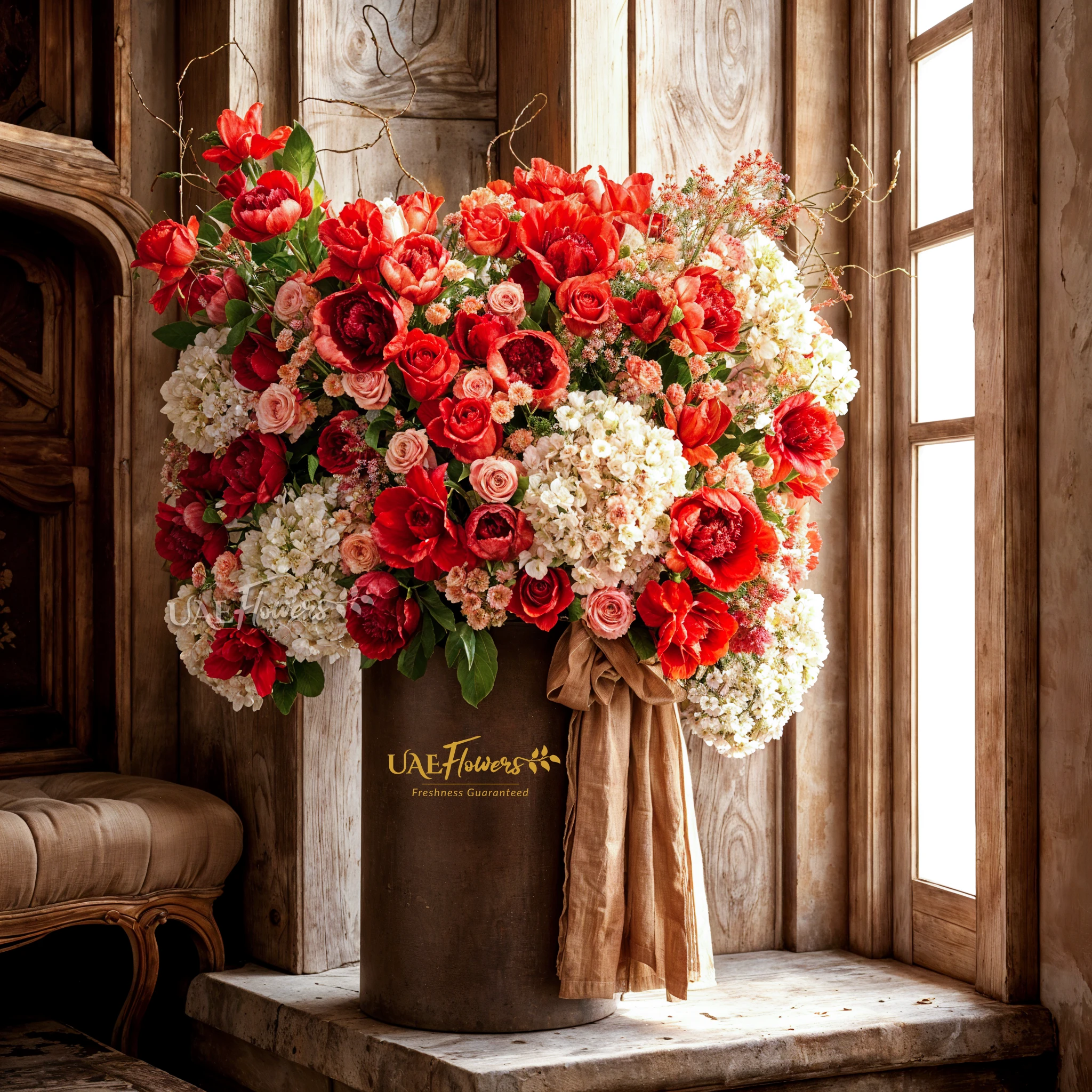 An arrangement of white hydrangeas, red peonies, red roses, purple roses, red chrysanthemums with green fillers and red net in a tall round box.