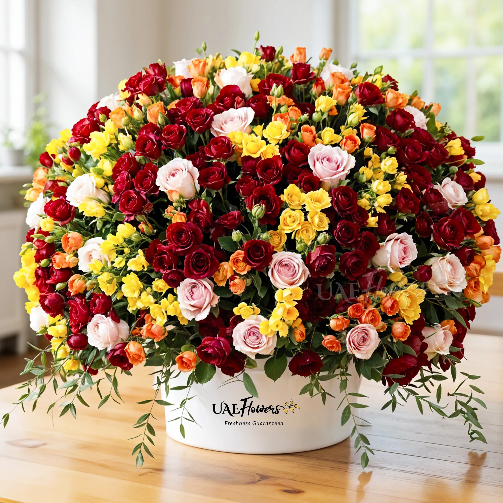 A half-round floral arrangement featuring 30 pink roses and 50 red, orange, and yellow spray roses, along with green fillers and eucalyptus leaves, presented in a white round box