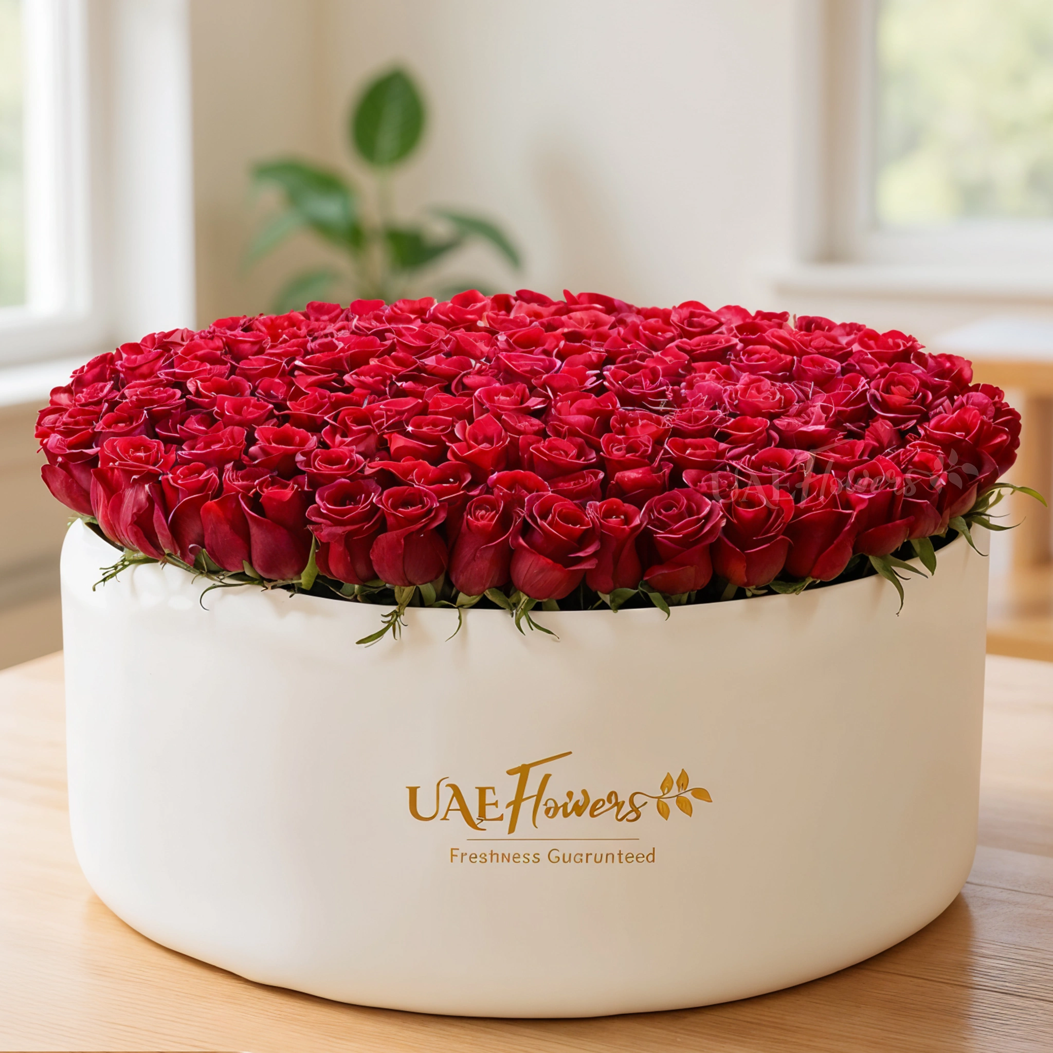300 red roses and green fillers in stunning white round box