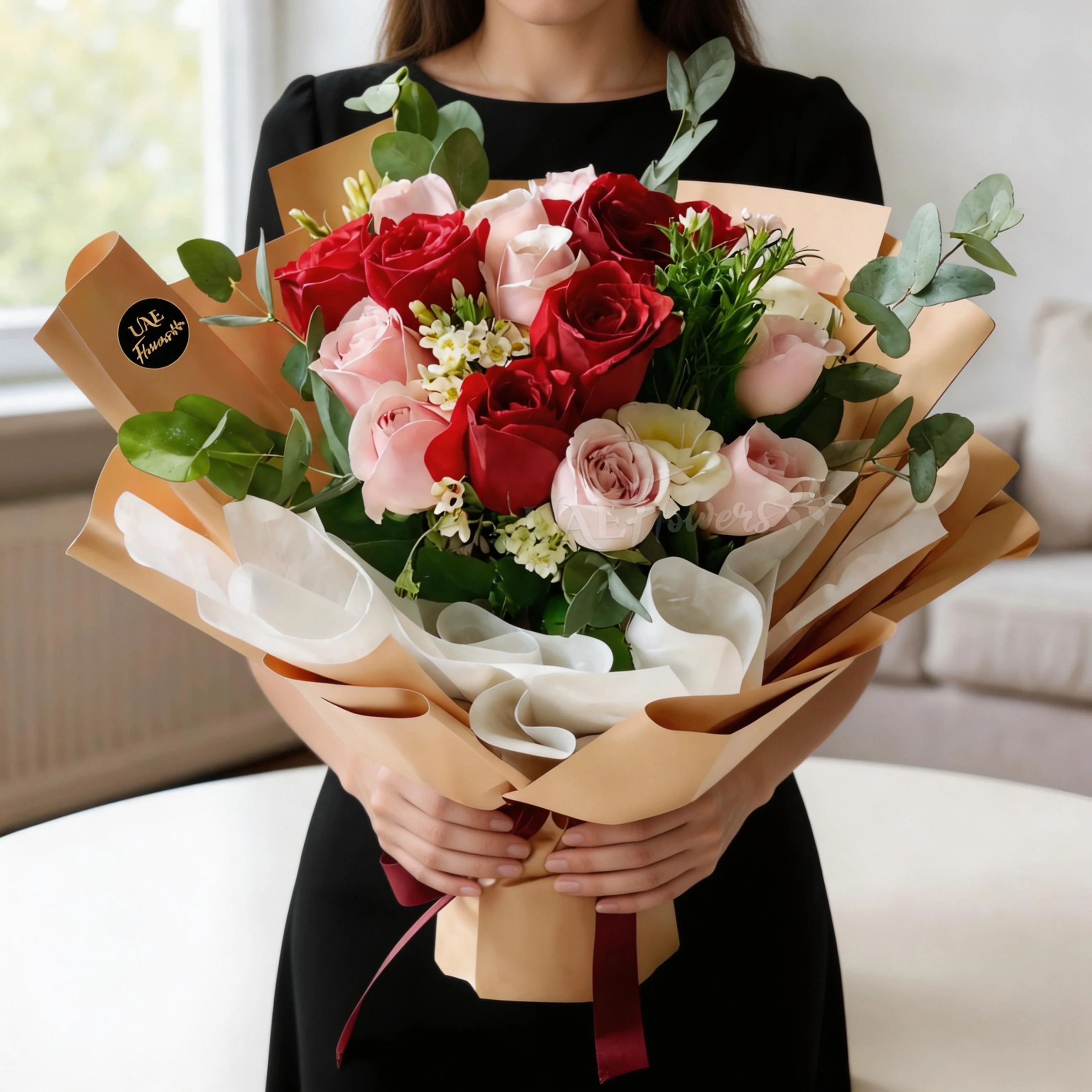 A bouquet of 6 pink roses and 6 red roses with eucalyptus leaf and green fillers in brown and white wrapping paper tied with brown ribbon A bouquet of 6 pink roses and 6 red roses with eucalyptus leaf and green fillers in brown and white wrapping paper tied with brown ribbon