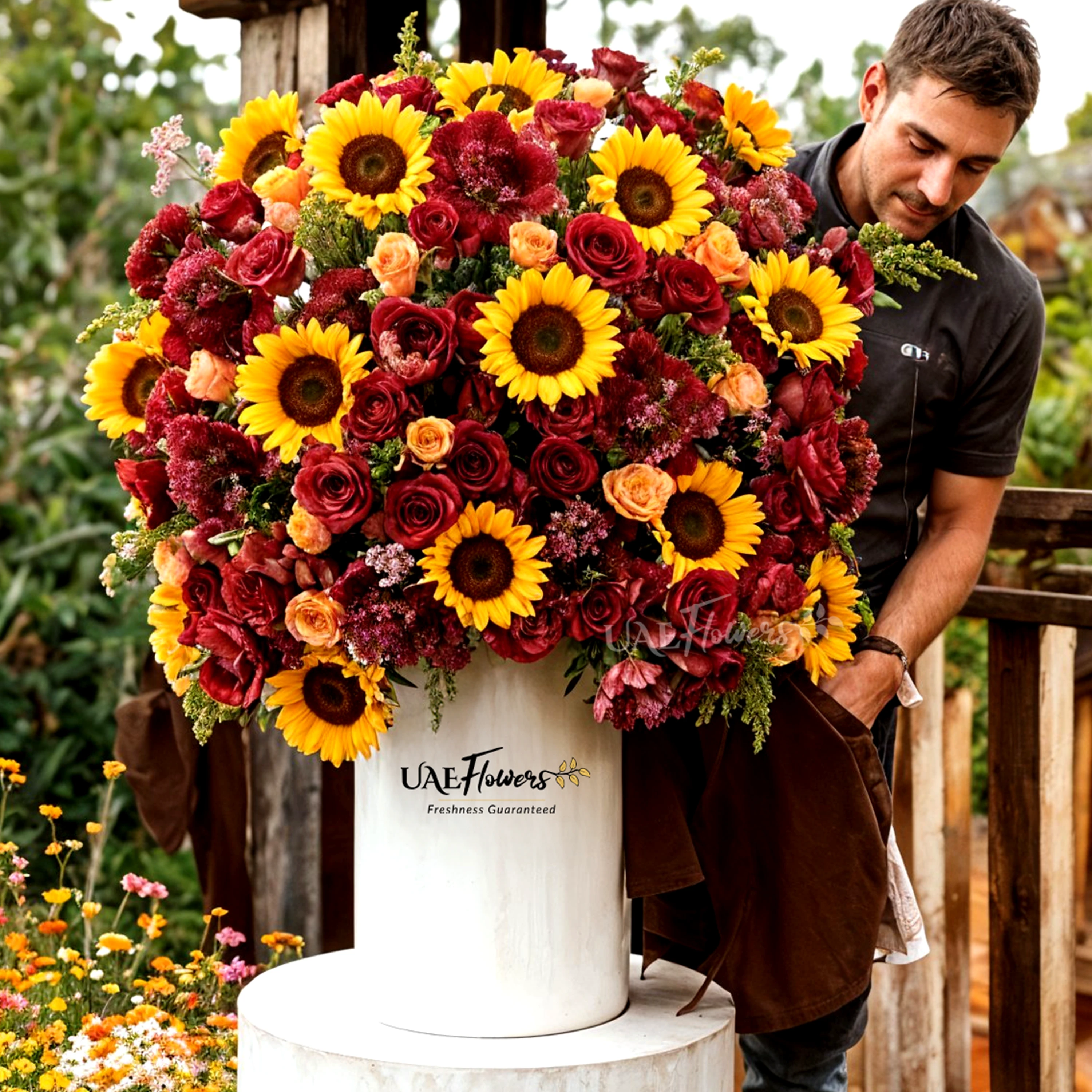 Sunflowers, Red roses, Orange roses and Red peonies with green fillers and red net in a tall round box.