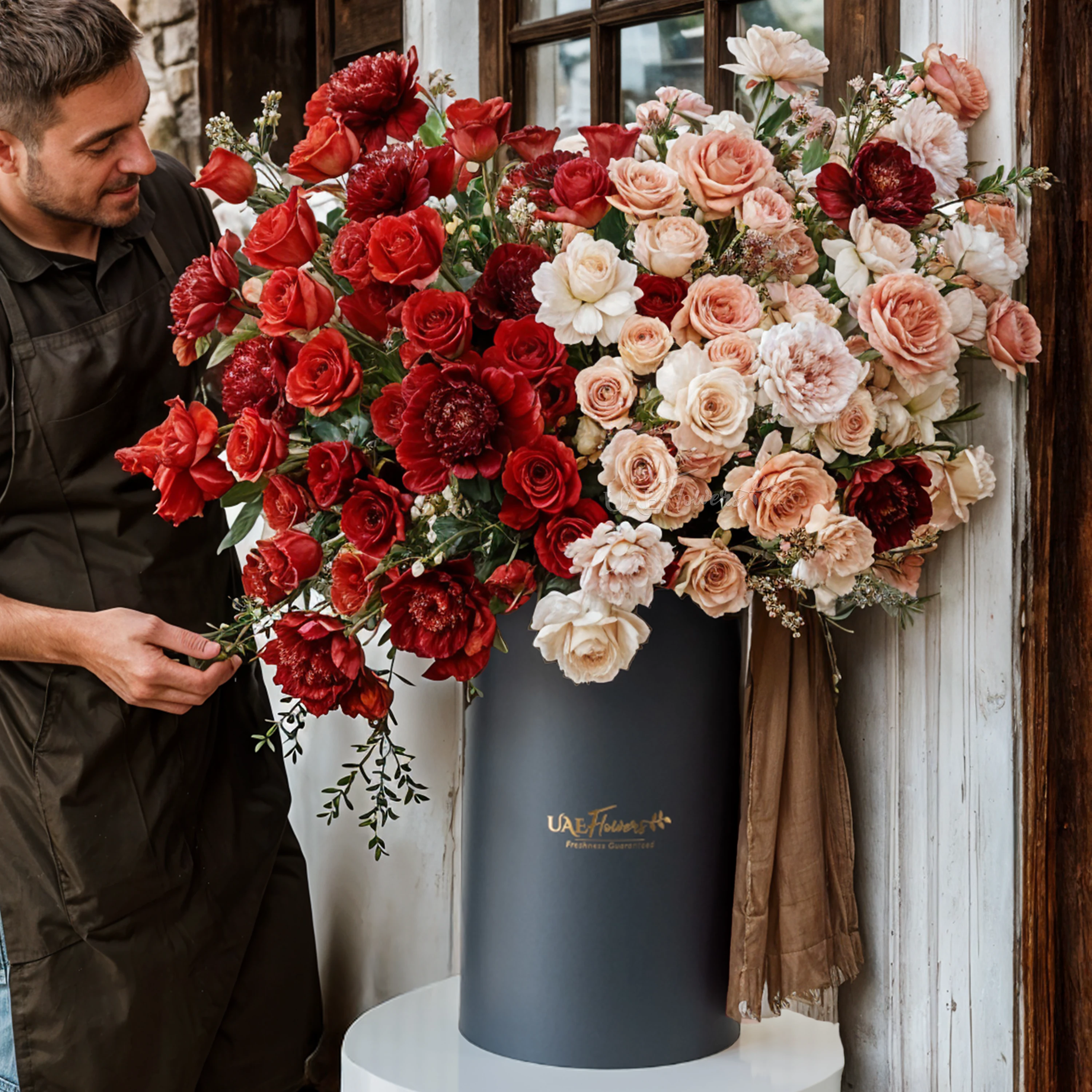 Red roses, Cappuccino roses, Red and pink peonies and White hypericum with green fillers and red net in a tall round box.