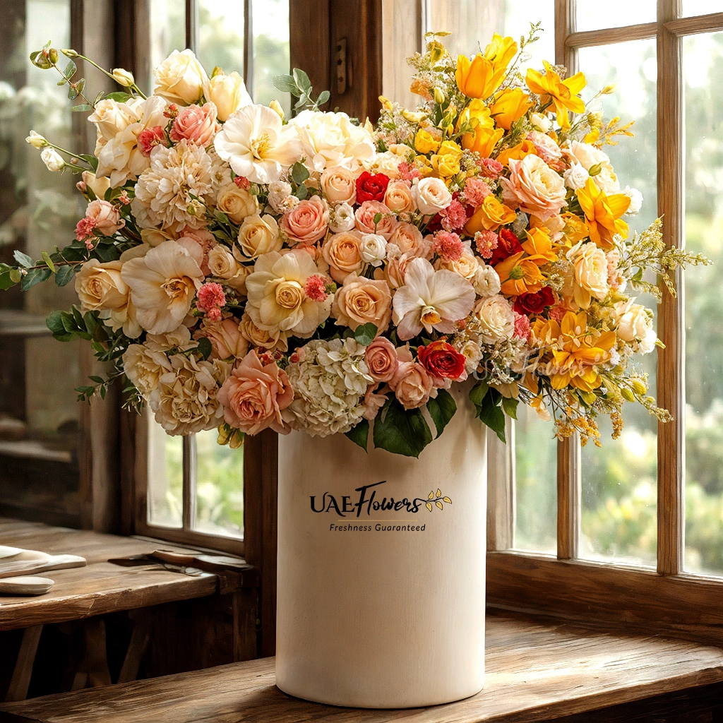 An arrangement of white lisianthus, peach spray carnations, white hydrangeas, yellow roses, orange roses, peach roses, cream roses, sprayed Yellow roses, sprayed yellow orchids and white cymbidium orchid with green fillers in a tall round box.